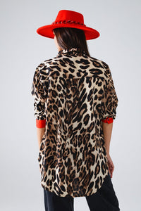 Q2 Women's Blouse Leopard Shirt With Red Button Placket And Red Sleeves Detail