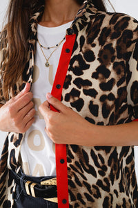 Q2 Women's Blouse Leopard Shirt With Red Button Placket And Red Sleeves Detail