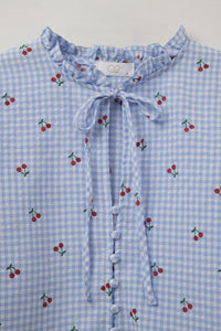 Q2 Women's Blouse Light Blue Blouse With Cherry Details And Tied Bow