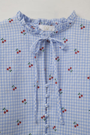 Q2 Women's Blouse Light Blue Blouse With Cherry Details And Tied Bow