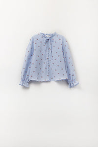 Q2 Women's Blouse Light Blue Blouse With Cherry Details And Tied Bow