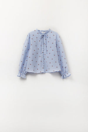 Q2 Women's Blouse Light Blue Blouse With Cherry Details And Tied Bow