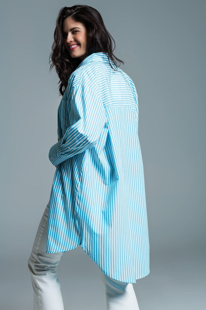 Q2 Women's Blouse Light Blue Oversized Blouse With White Stripes