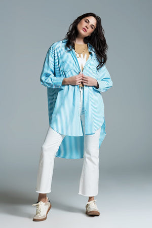 Q2 Women's Blouse Light Blue Oversized Blouse With White Stripes