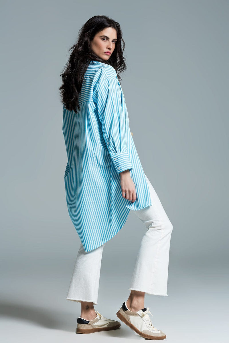 Q2 Women's Blouse Light Blue Oversized Blouse With White Stripes