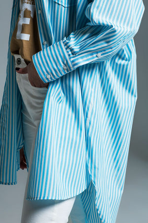 Q2 Women's Blouse Light Blue Oversized Blouse With White Stripes