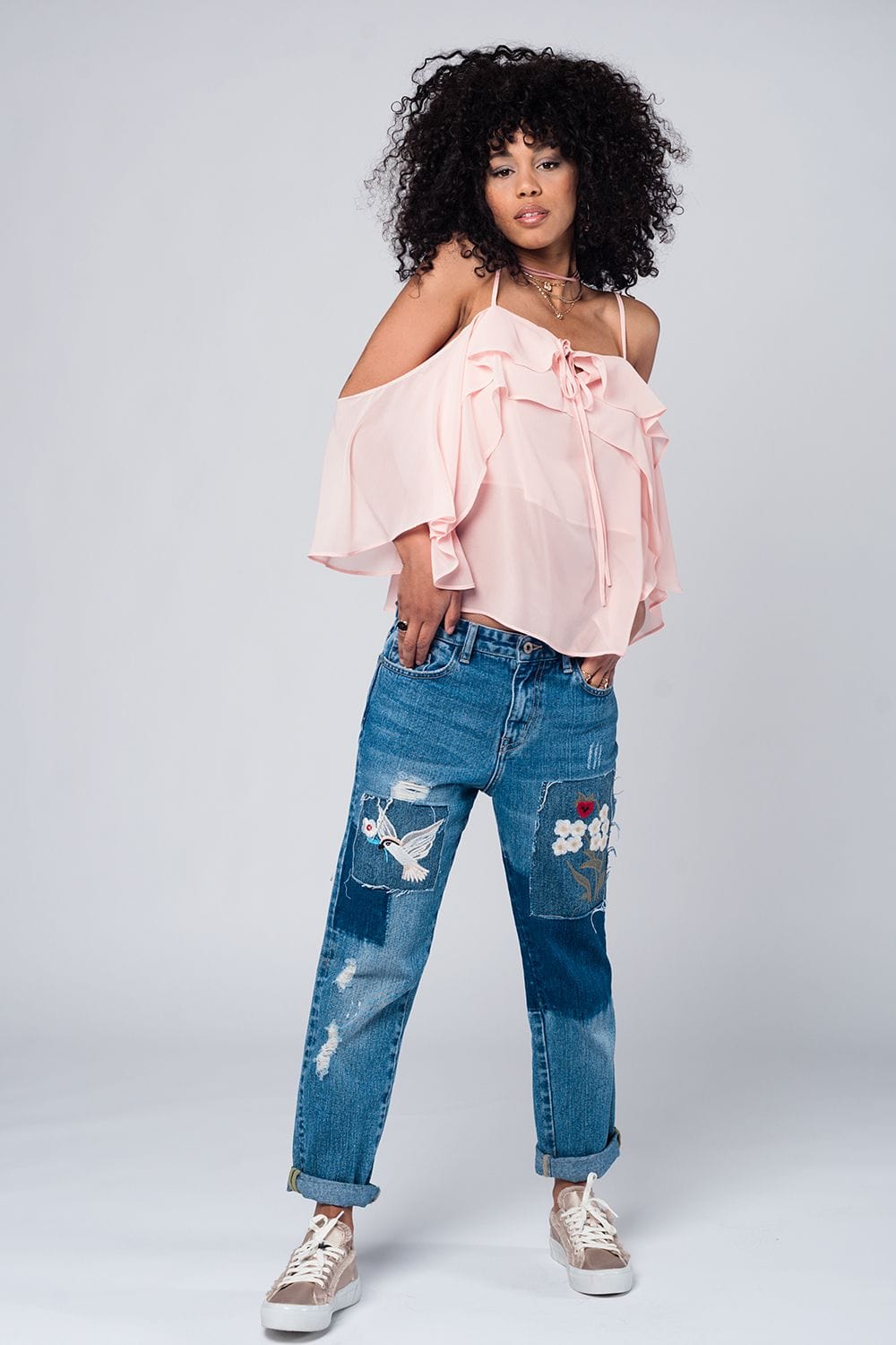 Q2 Women's Blouse Light pink cold shoulder top