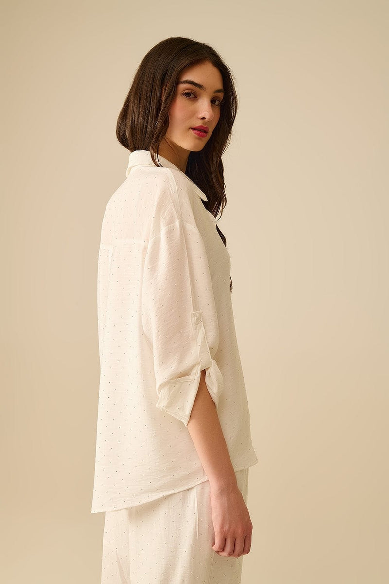 Q2 Women's Blouse Lightweight White Shirt With Rhinestone Details