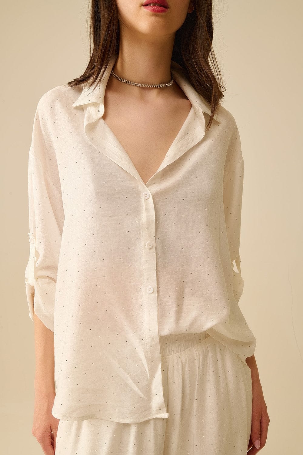 Q2 Women's Blouse Lightweight White Shirt With Rhinestone Details