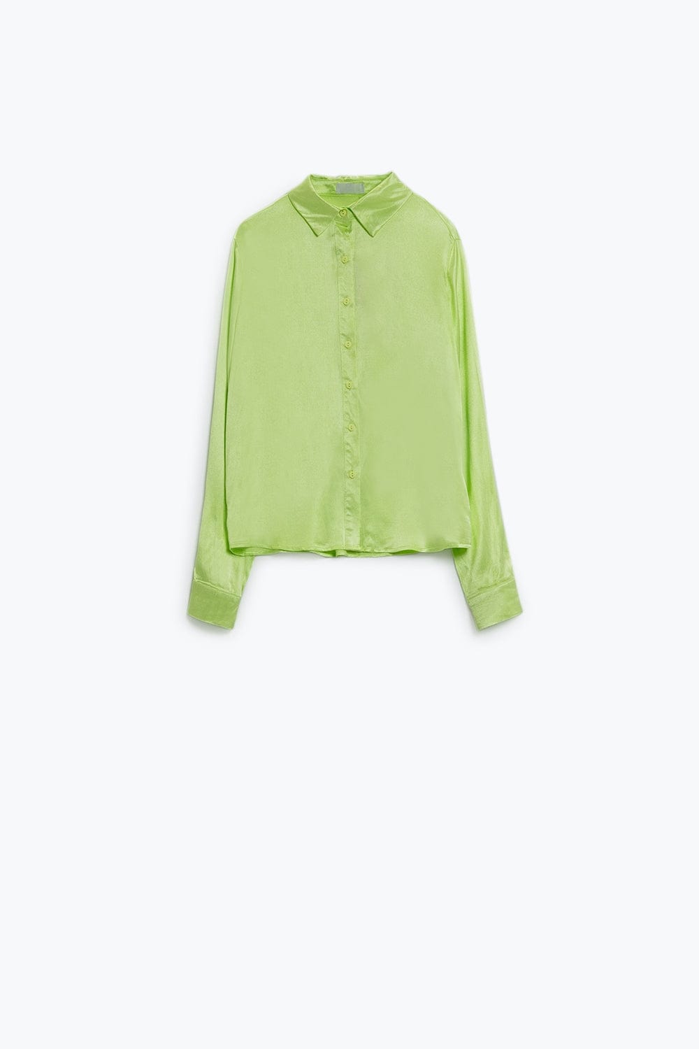 Q2 Women's Blouse Long Sleeve Button Up Satin Blouse With Polo Collar In The Color Lime