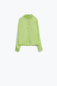 Q2 Women's Blouse Long Sleeve Button Up Satin Blouse With Polo Collar In The Color Lime