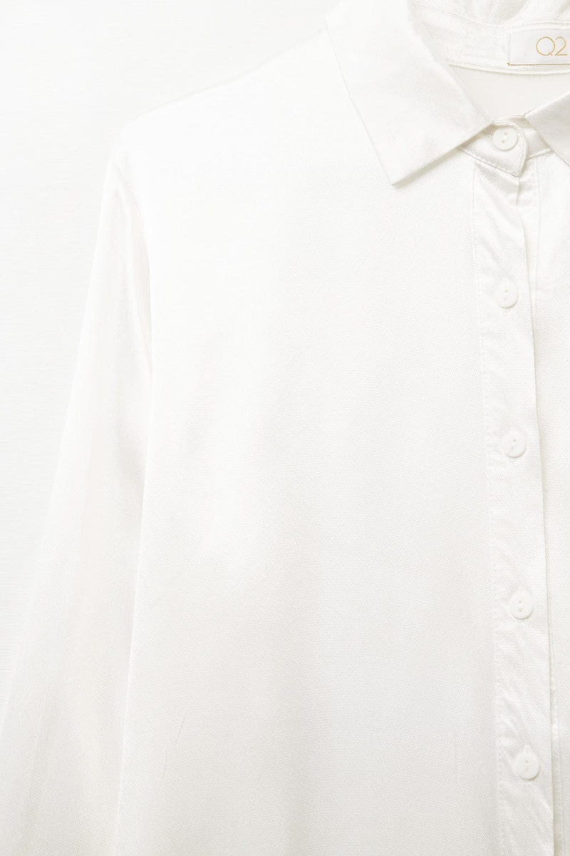 Q2 Women's Blouse Long Sleeve Button Up Satin Blouse With Polo Collar In White Color