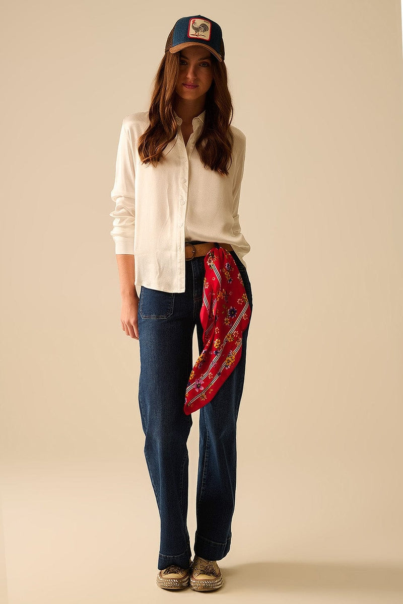 Q2 Women's Blouse Long Sleeve Button Up Satin Blouse With Polo Collar In White Color