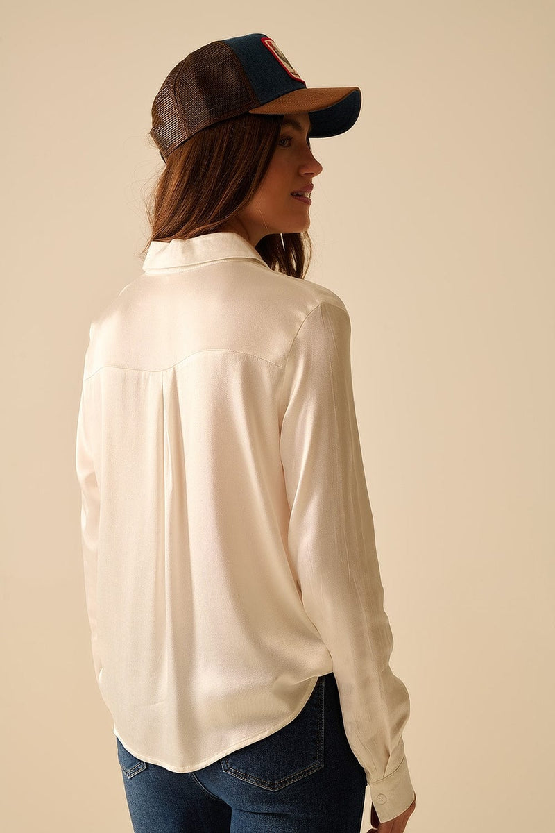 Q2 Women's Blouse Long Sleeve Button Up Satin Blouse With Polo Collar In White Color
