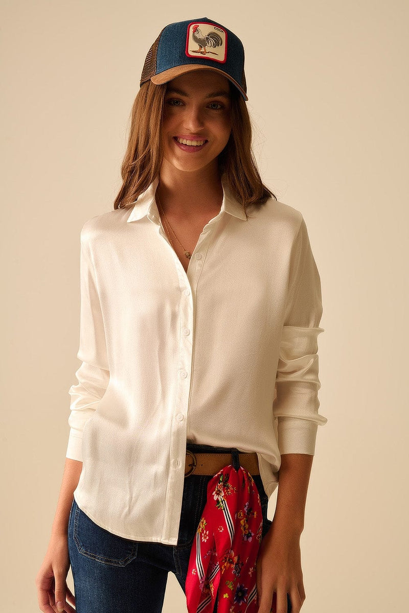 Q2 Women's Blouse Long Sleeve Button Up Satin Blouse With Polo Collar In White Color