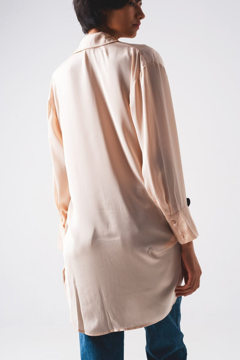 Q2 Women's Blouse Long Sleeve Satin Button Front Shirt in Beige