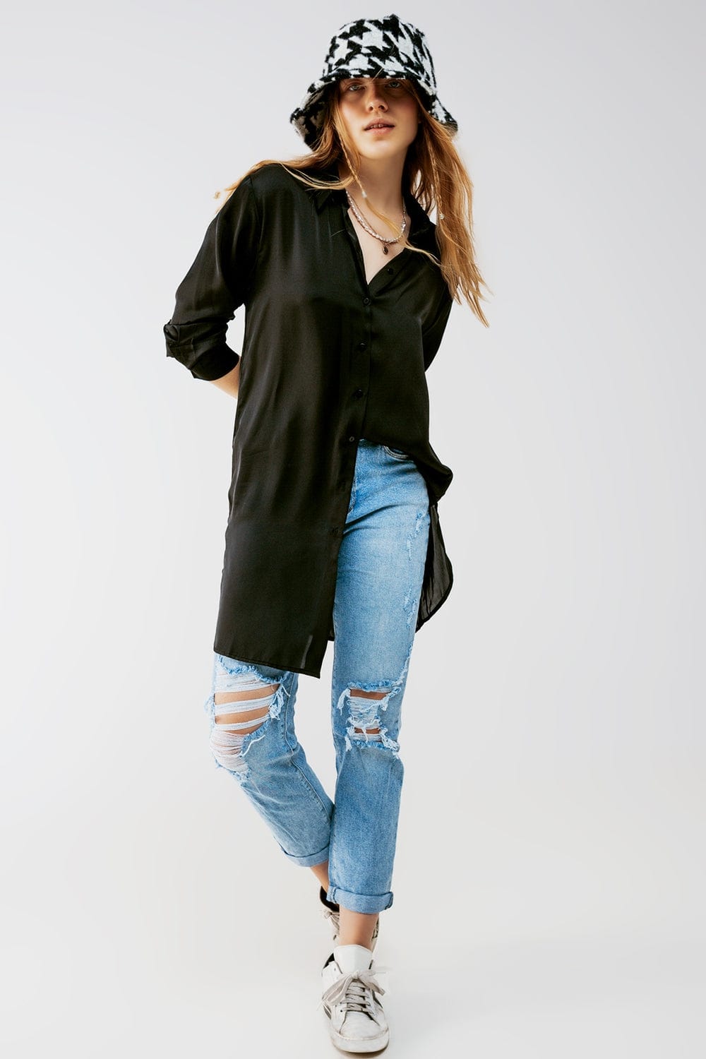 Q2 Women's Blouse Long Sleeve Satin Button Front Shirt in Black