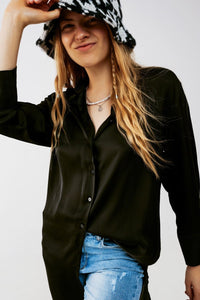 Q2 Women's Blouse Long Sleeve Satin Button Front Shirt in Black