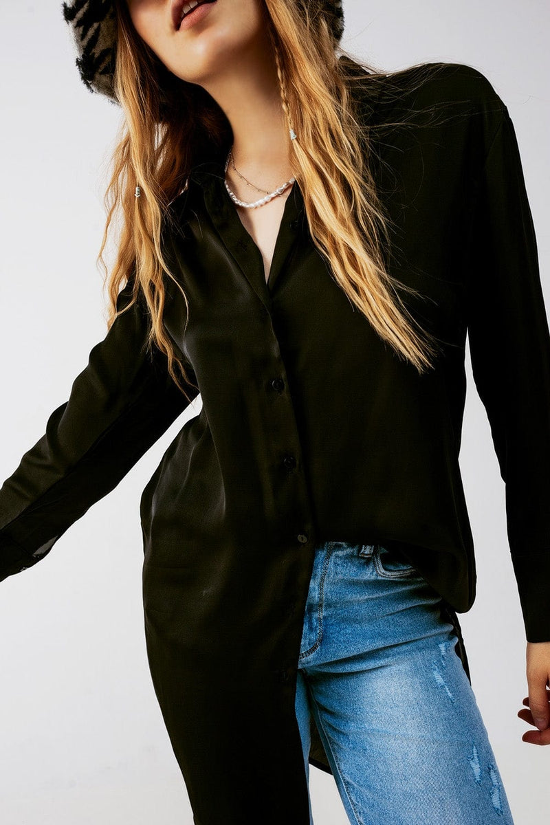Q2 Women's Blouse Long Sleeve Satin Button Front Shirt in Black