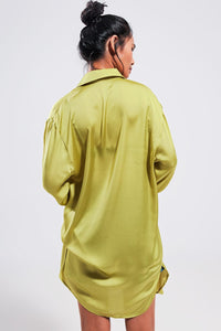 Q2 Women's Blouse Long Sleeve Satin Button Front Shirt In Green