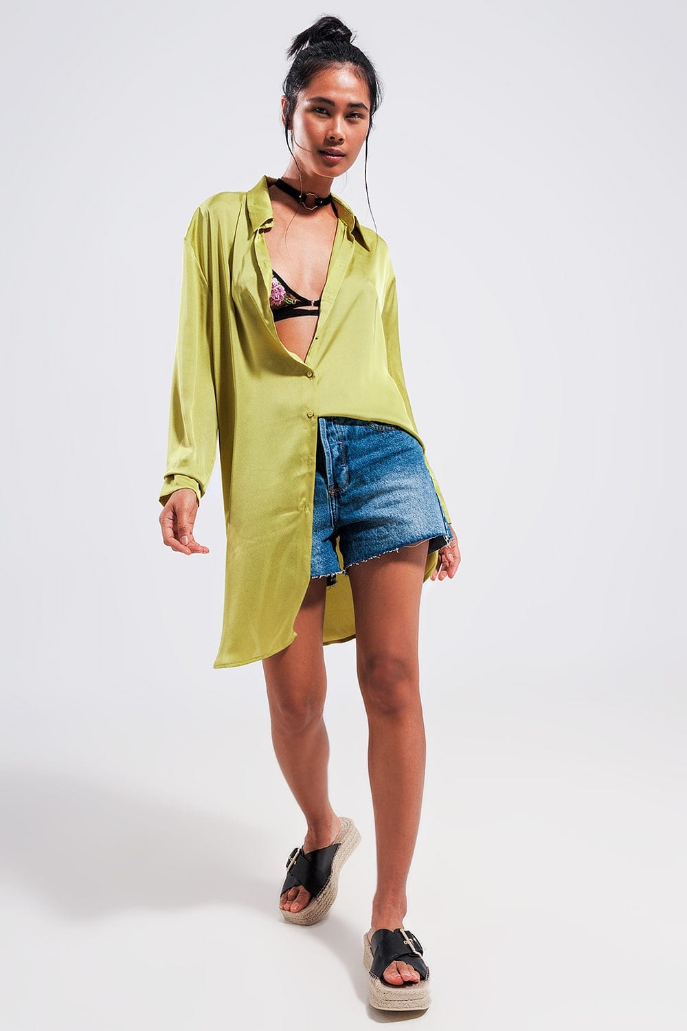 Q2 Women's Blouse Long Sleeve Satin Button Front Shirt In Green