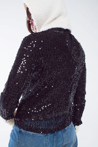 Q2 Women's Blouse Long Sleeve Sequin Top In Black