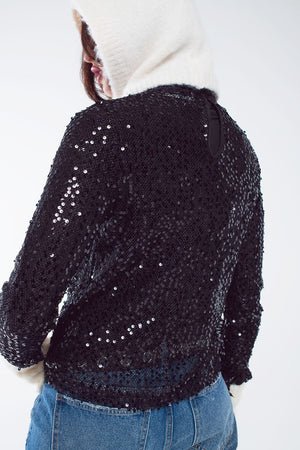 Q2 Women's Blouse Long Sleeve Sequin Top In Black