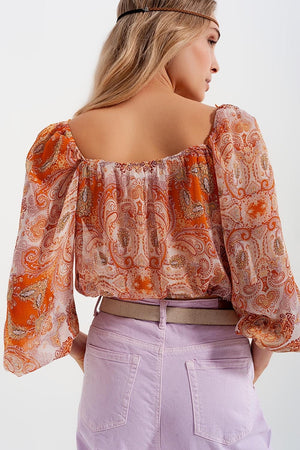 Q2 Women's Blouse Long Sleeve Sheer Top with Shirred Waist and Tie Detail in Orange