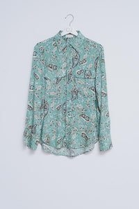 Q2 Women's Blouse Long Sleeve Shirt in Green Mixed Paisley Floral Print