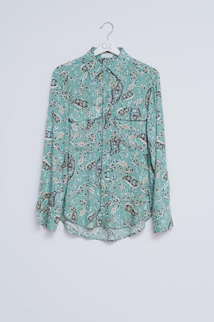 Q2 Women's Blouse Long Sleeve Shirt in Green Mixed Paisley Floral Print