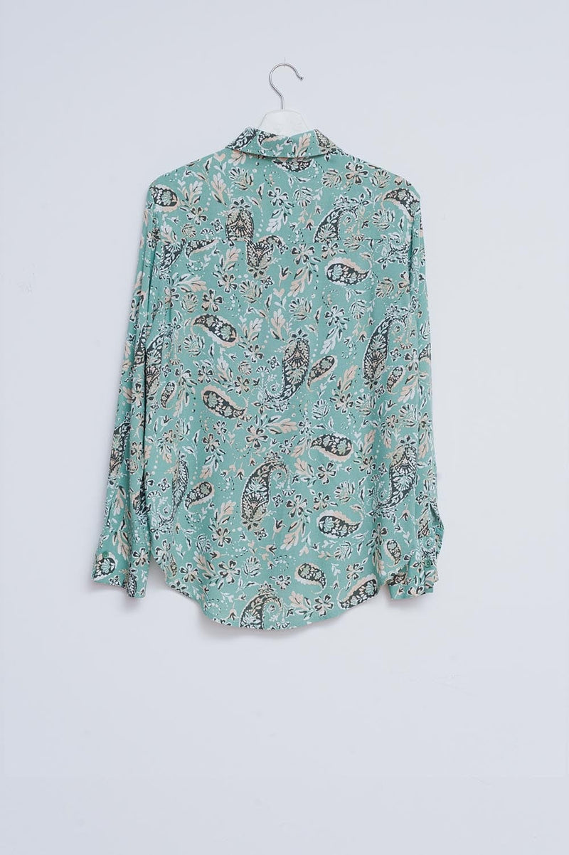 Q2 Women's Blouse Long Sleeve Shirt in Green Mixed Paisley Floral Print