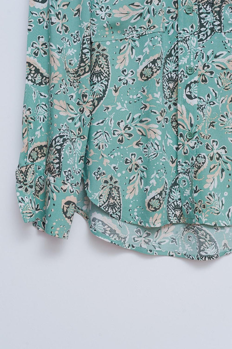 Q2 Women's Blouse Long Sleeve Shirt in Green Mixed Paisley Floral Print