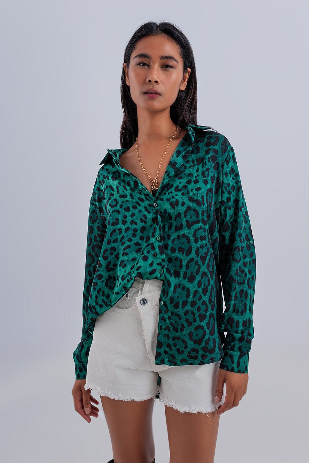 Q2 Women's Blouse Long Sleeve Soft Shirt in Green Animal Print