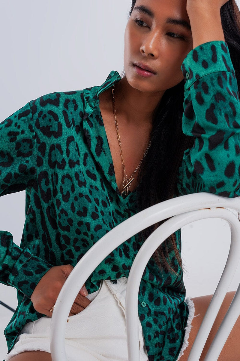 Q2 Women's Blouse Long Sleeve Soft Shirt in Green Animal Print