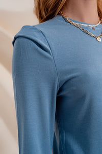 Q2 Women's Blouse Long Sleeve Top with Shoulder Detail in Blue