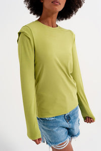 Q2 Women's Blouse Long Sleeve Top with Shoulder Detail in Green