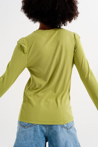 Q2 Women's Blouse Long Sleeve Top with Shoulder Detail in Green