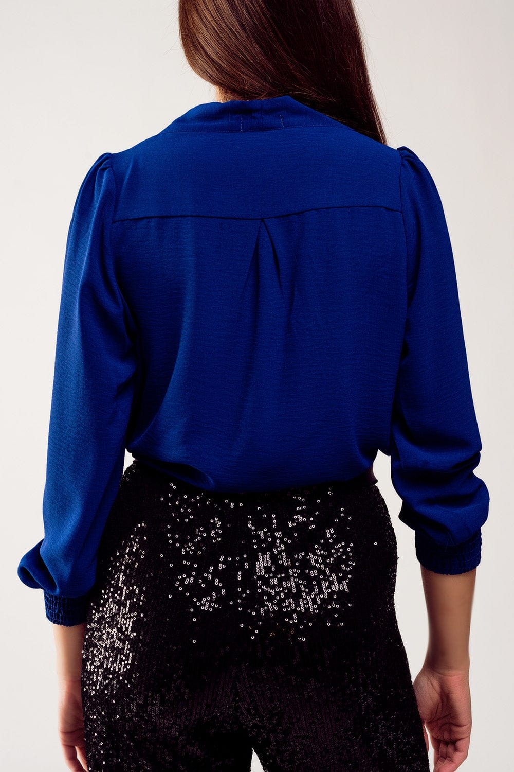 Q2 Women's Blouse Long Sleeved Wrap Satin Blouse in Blue