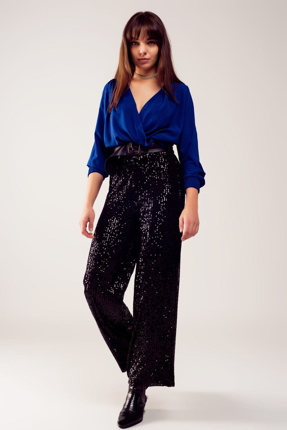 Q2 Women's Blouse Long Sleeved Wrap Satin Blouse in Blue