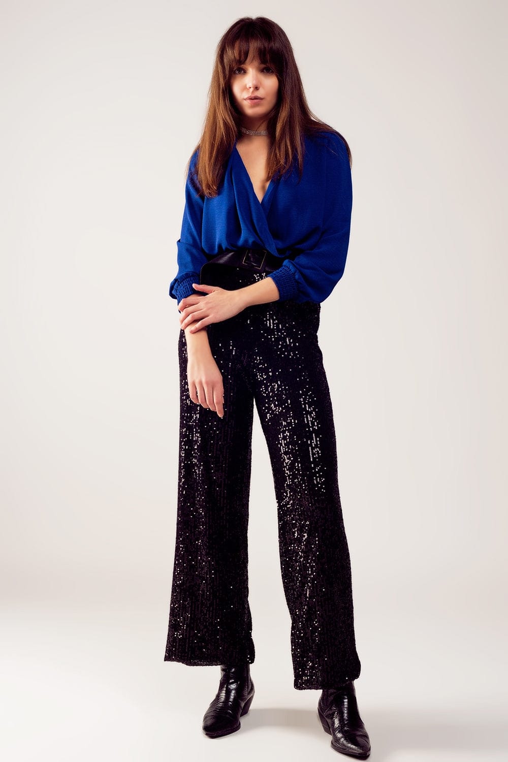 Q2 Women's Blouse Long Sleeved Wrap Satin Blouse in Blue