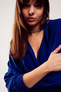 Q2 Women's Blouse Long Sleeved Wrap Satin Blouse in Blue