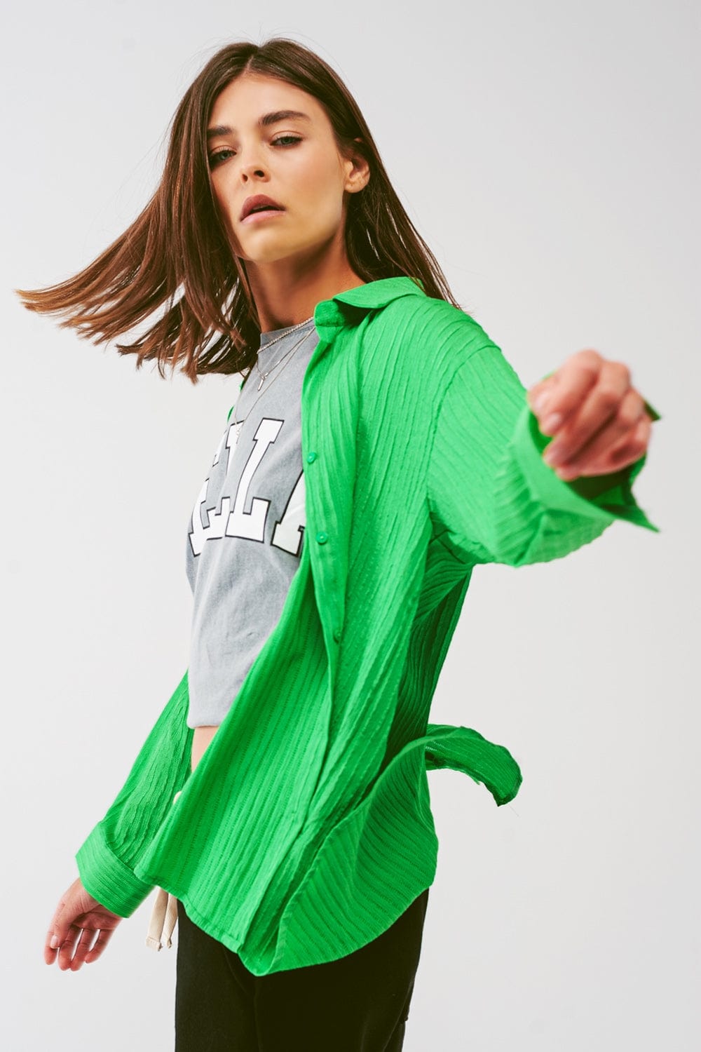 Q2 Women's Blouse Loose Fit Striped Shirt in Green