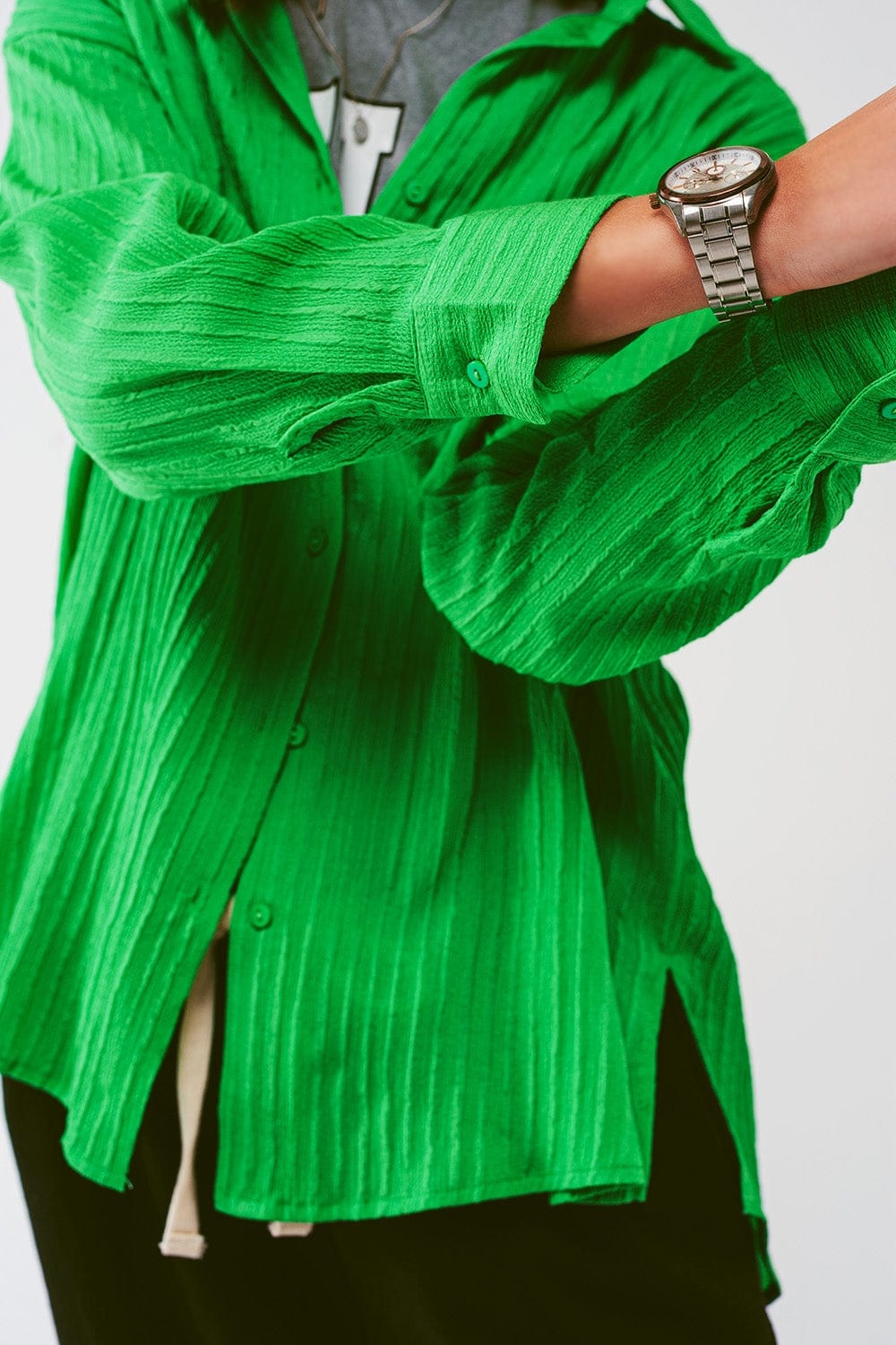 Q2 Women's Blouse Loose Fit Striped Shirt in Green