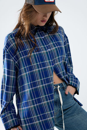 Q2 Women's Blouse Lumberjack Oversized Shirt In Blue