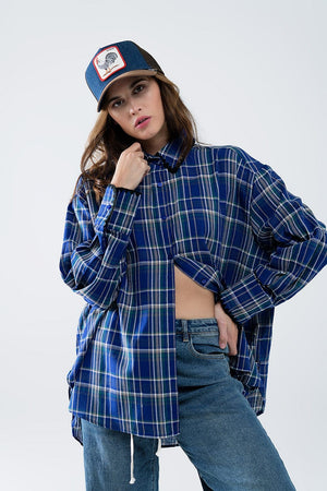 Q2 Women's Blouse Lumberjack Oversized Shirt In Blue