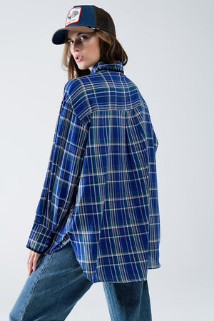 Q2 Women's Blouse Lumberjack Oversized Shirt In Blue