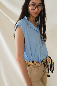 Q2 Women's Blouse Mao Collar Sleeveless Blue Button Up Blouse