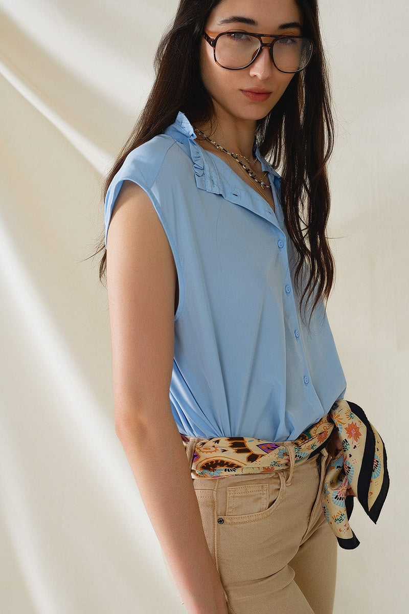 Q2 Women's Blouse Mao Collar Sleeveless Blue Button Up Blouse