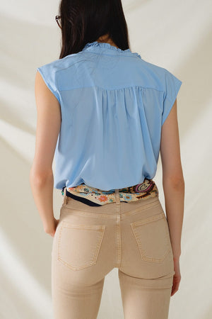 Q2 Women's Blouse Mao Collar Sleeveless Blue Button Up Blouse