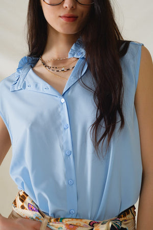 Q2 Women's Blouse Mao Collar Sleeveless Blue Button Up Blouse